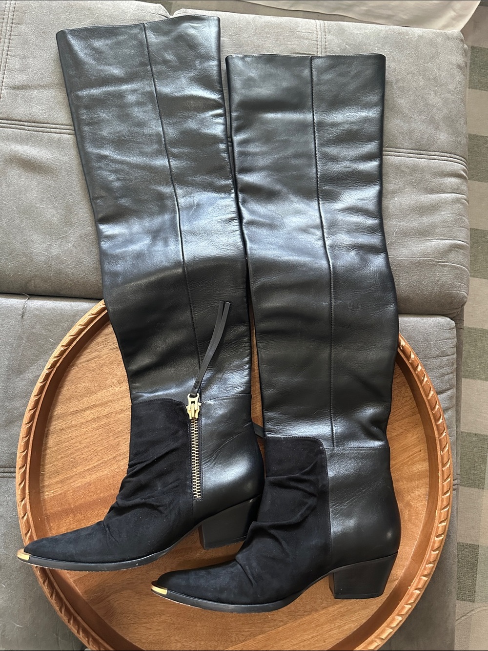 SCHUTZ Black Leather and Suede Over-the-Knee Boots with Gold-Toe